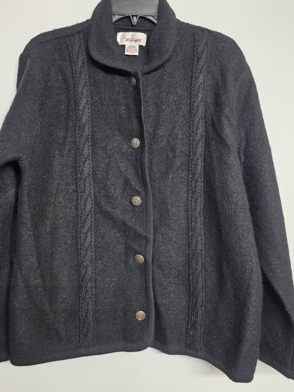 Vintage Worthington 100% Wool Cable Knit Cardigan Women’s L Jacket Sweater Black